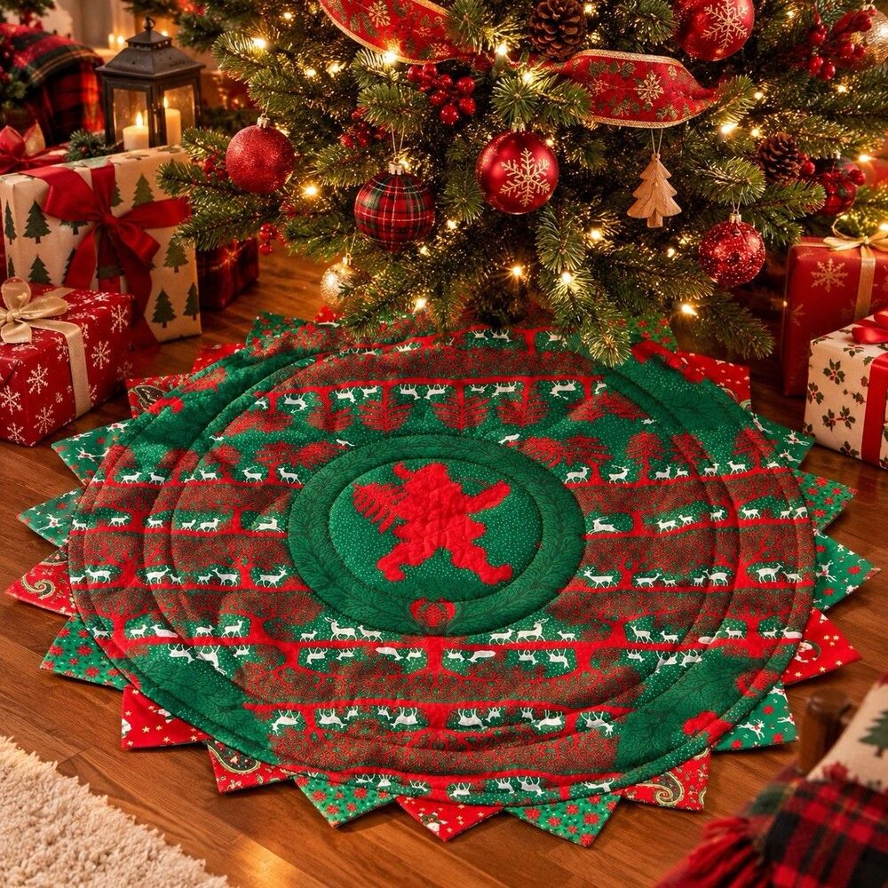 Vintage Holiday Decor Handmade Christmas Quilt Tree Skirt /Table Skirt 24” Round